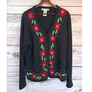 Vintage 90s Black Christmas Cardigan M Poinsettia Embellished Sweater M